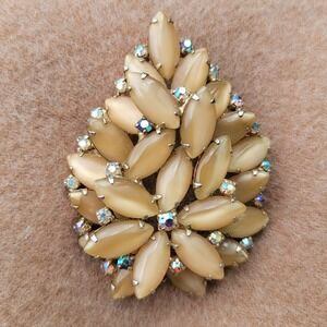 VTG Gold Tone Champagne Navette Thermoset & AB Rhinestone Multilayer Brooch Pin
